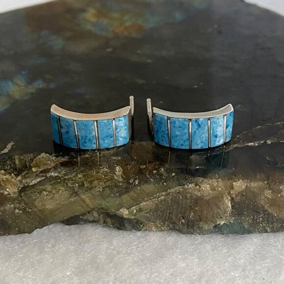 Sterling Silver 925 Southwest Style Blue Sodalite Inlay Quarter Hoop Earrings - Picture 7 of 16